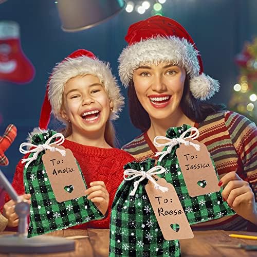 Shappy 24 Pcs Christmas Drawstring Gift Bags Xmas Buffalo Plaid Burlap Advent Bags 7 x 5 Inches Linen Treat Candy Bag with 32.8 ft Rope 24 Card(Black Green Snowflake)