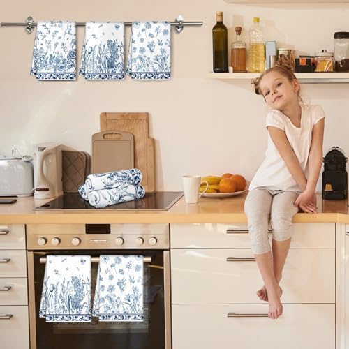 Redbaker 6 Pcs Floral Kitchen Towels Wildflower Butterfly Porcelain Style
