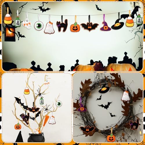 Breling 20 Pcs Halloween Felt Ornaments 3D Halloween Tree Hanging Decorations 3.15 Inch Ghost Bat Pumpkin Black Cat Witch Hat Felt Ornaments for Garland Banner Mantle Wall Party Decor