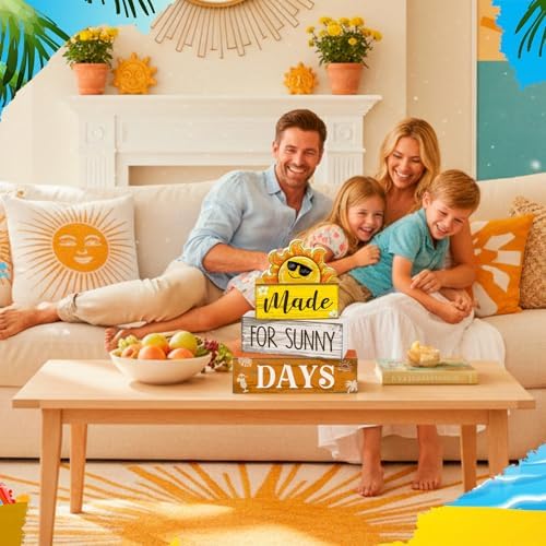Lineshading 4 Pcs Summer Table Decor Farmhouse Wooden Sun Beach Block Signs