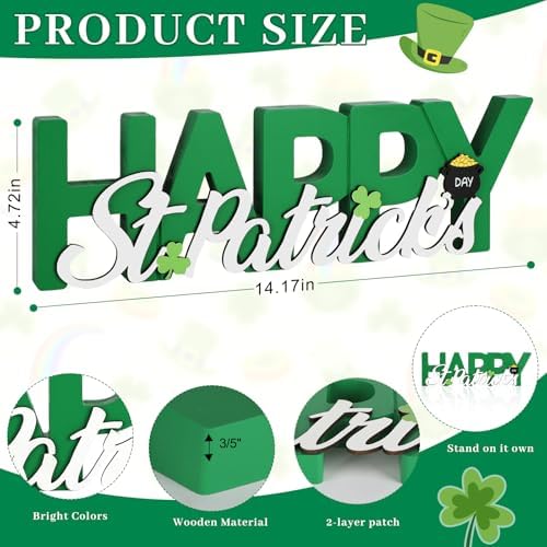 COCHIE Wooden Happy St. Patrick's Day Sign, Green Saint Patrick Decorations for Home, Office, Shelf, Mantel, Indoor, Wood Shamrock Decor, Lucky Pot of Gold Table Top Party Decoration (Green)