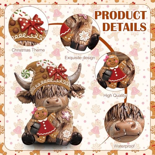 Karenhi 2 Pcs Highland Cow Figurines Resin, Gingerbread Christmas Decor