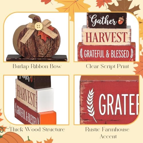 PAPER FAIR Fall Wood Block Sign, Rustic Autumn Pumpkin Stacked Table Centerpiece, Gather Harvest Grateful Blessed Farmhouse Tiered Tray Decor, Thanksgiving Home Mantel Desk Decoration
