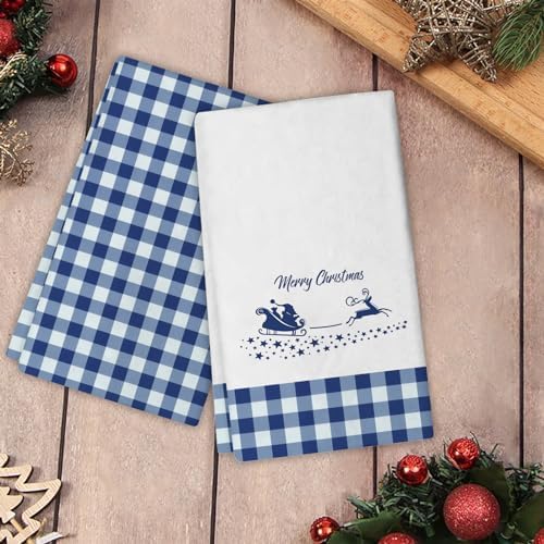 JOOCAR Blue Christmas Kitchen Towels Kitchen Decor Dish Towels Set of 4, 16x27 Inch Seasonal Witner Holiday Drying Dishcloth, Snowflake Blue Buffalo Plaid Decoration Hand Towels