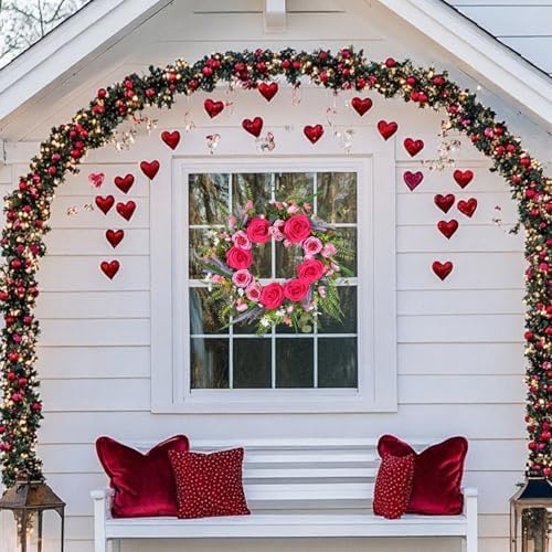 22 Inch Valentines Day Wreaths for Front Door Pink Peony Wreath with Roses Tulips Daisies Valentine Door Decorations for Home Wall Wedding Holiday Party Anniversary