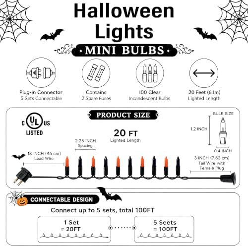 TW SHINE Purple and Orange Halloween Lights, 2 Pack 20FT 100 Count Incandescent Mini String Lights, Waterproof Halloween Decorations for Outdoor Indoor Patio Home Party Garden Yard Decor