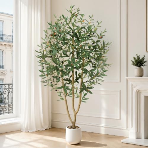 7ft Artificial Olive Tree with Tall Exquisite Planter | Realistic Faux Olive Tree with Thick Trunk and Lifelike Leaves