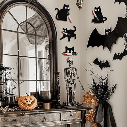 Kercan Halloween Black Cat Decor, 4 Pack Wooden Spooky Cat Wall Decorations, Funny Creepy Halloween Wall Door Window Decor for Home, Party and Haunted House