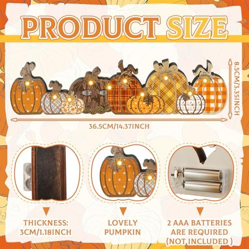 Yousoontic Fall Pumpkin Decor Table Centerpieces Halloween Wooden Pumpkin Sign Decorations with LED Lights 3D Block Autumn Harvest Farmhouse Fall Thanksgiving Decor for Home Mantel Desk Office Party