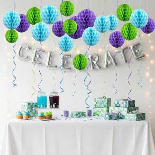 CC wonderland zone 12pcs Pastel Blue Fruit Green and Purple Paper Honeycomb Balls,Hanging Tissue Pom poms for Baby Shower Birthday Party Decorations