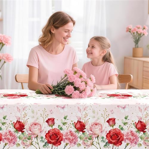 Childom 3 Pack Pink Tablecloth,Floral Tablecloth,54" x 108" Disposable Plastic Table Cloth for Rectangle,Pink Table Cover for Birthday Decorations,Party Supplies,Butterfly Decorations