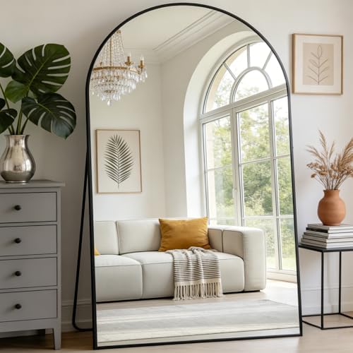 Prywot Full Length Mirror, Oversized 90"x46" Arched-Top Floor Mirror, Black