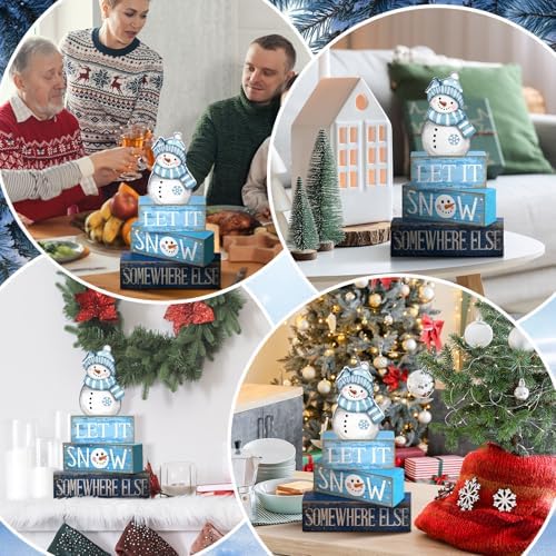 Lineshading 4 Pcs Wooden Snowman Tiered Tray Decor Block Signs Winter
