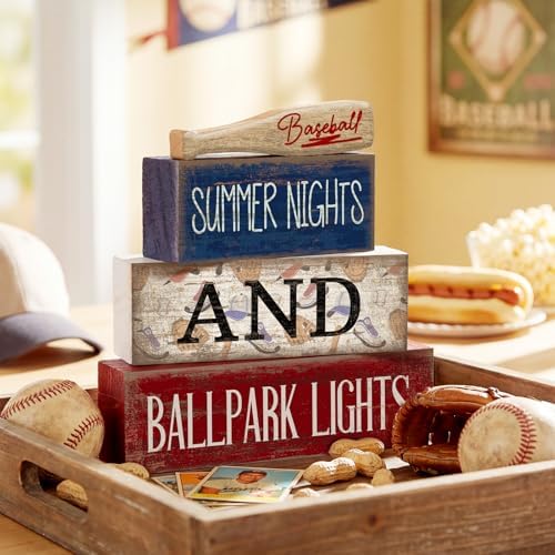 Lineshading 4 Pcs Baseball Wooden Blocks Sign with Bat, Blue White Red