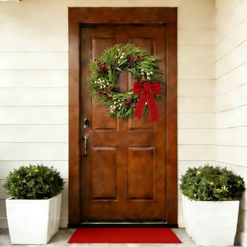 26" Norfolk Pine Wreath, Large Greenery Wreath for Front Door, Green Year Round Real Touch Artificial Greenery Wreath for Wall Porch Rustic Farmhouse Home Decor, with Lights, Red Bow, FF10