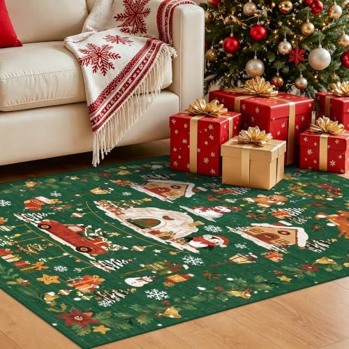 2x5 Christmas Runner Rug for Hallway - Washable Thin Kitchen Rug Runner Non Slip Low Pile Water Resistant Floor Mat for