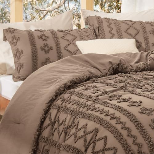 Bedsure Tufted Boho Comforter Set California King Size - Coffee Brown Boho Bed Set, GentleSoft™ 3 Pieces
