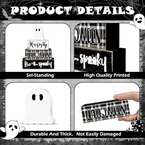 Britimes Halloween Ghost Tiered Tray Decor Set, 4 Pack, Wooden Table Sign
