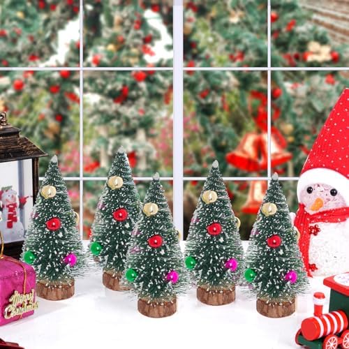 Yookat 12Pcs Mini Christmas Trees Bottle Brush Trees Small Sisal Trees Mini Pine Trees with Wood Base Small Bottle Brush Trees for Christmas Winter Decoration (Green)