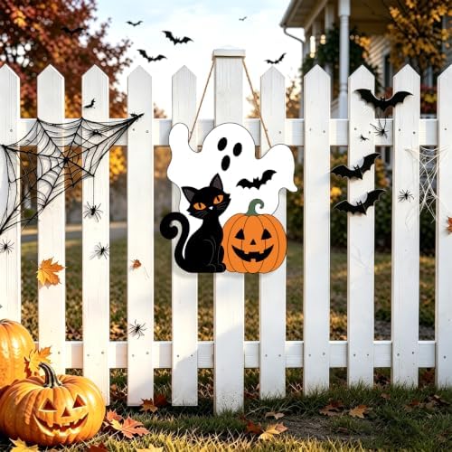 Halloween Ghost Wreath for Front Door Wooden Black Cat Pumpkin Door Decor