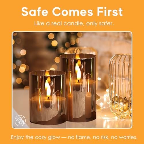 Eywamage Smoke Grey Glass Flameless Pillar Candles with Remote, Flickering LED Battery Candles Table Decor Set of 3