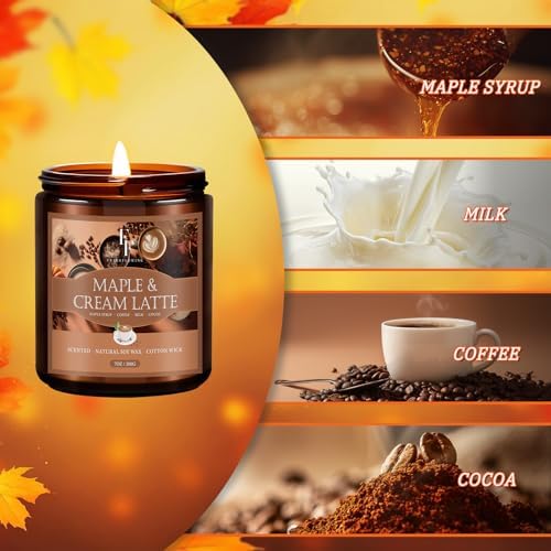 Fall Candle, Maple & Cream Latte Scented Candles for Home, Natural Soy Autumn Candle Aromatherapy Candle, 7 oz Jar