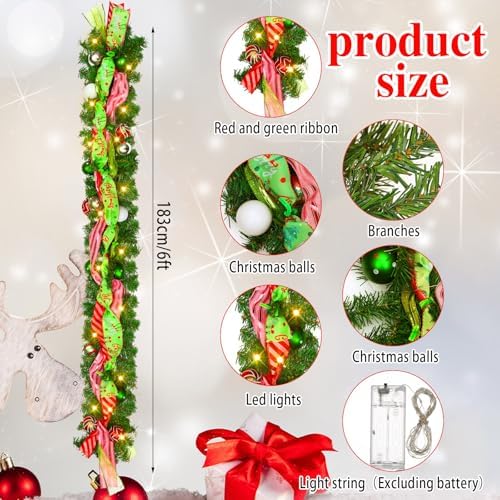 Thiccywoov 6 ft LED Prelit Christmas Pine Garland with Balls for Mantel