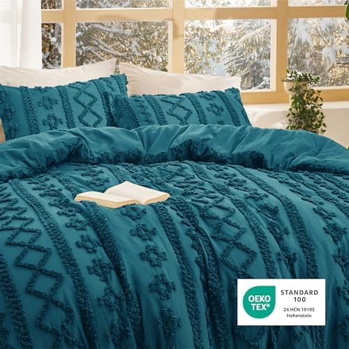 Bedsure Tufted Boho Comforter Set King Size - Teal Boho Bed Set, GentleSoft 3 Pieces Farmhouse-Style Embroidery