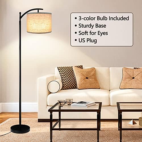 ROTTOGOON Floor Lamp with 3CCT LED Bulb, Gray Linen Lamp Shade for Living Room, Modern Standing Lamp for Bedrooms