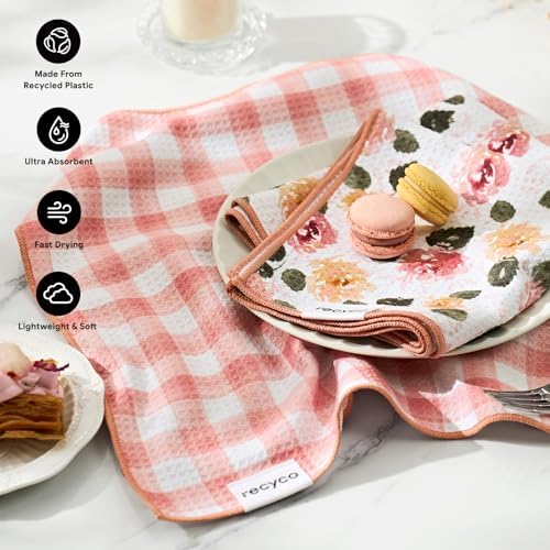 RECYCO Waffle Kitchen Towel Set of 2 - Quick Dry Microfiber Sustainable Dish Towels - Absorbent Reusable Cleaning Tea Towels - Lightweight Hand Towels,16”x 28”, Rose Plaid