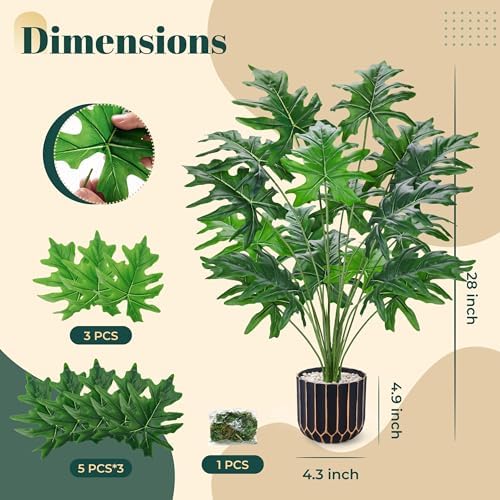 Der Rose 28" Artificial Plants Indoor, Philodendron Plant in Black Gold Pot