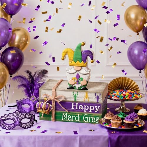 4 Pcs Mardi Gras Decorations Wooden Mardi Gras Table Centerpiece Crawfish Gnome Carnival Tiered Tray Decorations Mini Wooden Faux Books Stack Signs for Masquerade Office Tabletop Bookshelf