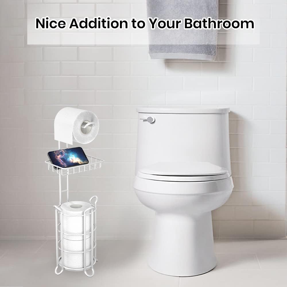 Toilet Paper Roll Holder Stand Bathroom Tissue Holders Free Standing with Middle Shelf Storage Reserve Mega