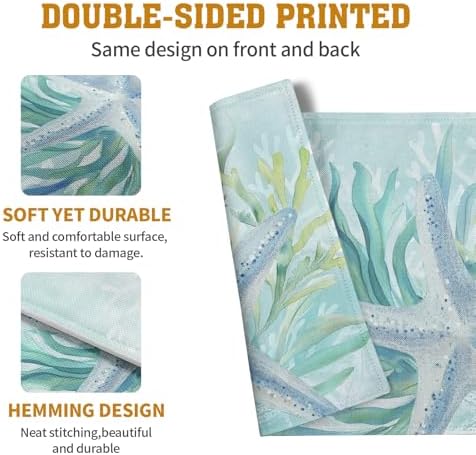 Nautical Coastal Placemats Set of 4 Ocean Coral Starfish Seagrass Beach Theme Table Mat 12x18 Inch Teal Turquoise Blue Summer Linen Fabric Place Mats for Party Kitchen Dining Outdoor Indoor Decor