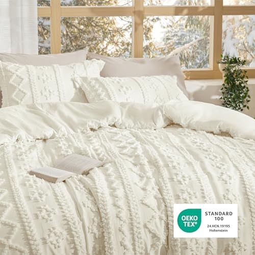 Bedsure Tufted Boho Comforter Set California King Size - White Boho Bed Set, GentleSoft™ 3 Pieces Farmhouse-Style
