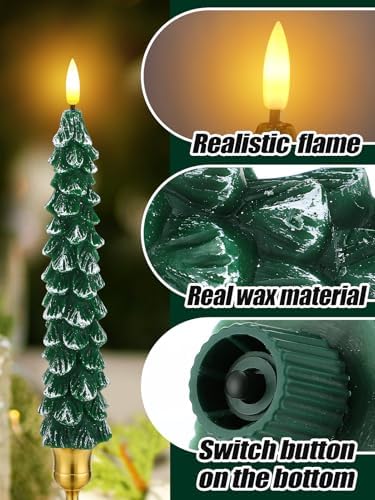 2 Pack Christmas Tree Candles - Real Wax Flameless Taper Candles, 9.7in Green Candlesticks for Home Table Metal Xmas Holiday Indoor Decorations Gifts