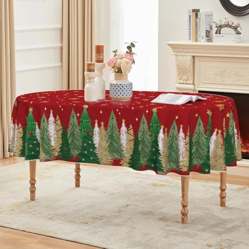 Horaldaily Christmas Tablecloth 60 x 84 Inch Oval Christmas Trees Red