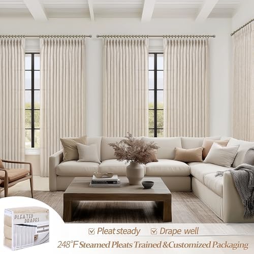 Natural Linen Semi Sheer Large Curtains 102 Inches Long 2 Panels Set for Nursery, Memory Trained Pinch Pleated Extra