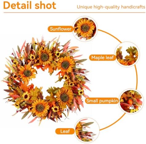 Pinkpum 24" Fall Wreath Front Door Sunflower Artificial Wall Decor Autumn