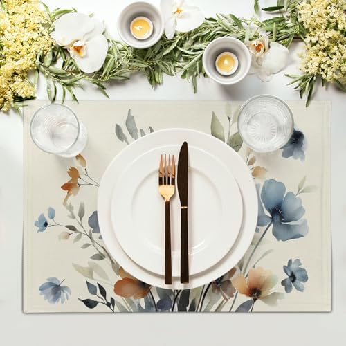Floral Placemats Set of 6 18x12 Inch Spring Summer Brown and Blue Flowers Linen Place Mats Heat-Resistant Washable Wipeable Wildflowers Table Mat for Party Kitchen Dining Room Dinner Table Decor
