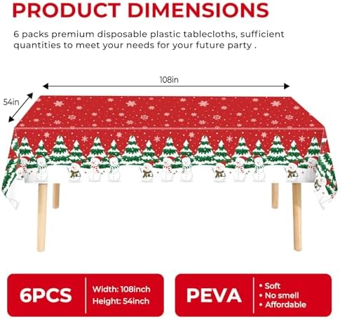 6 Pack Disposable Plastic Tablecloth - Christmas Snowman Table Cover for Party Decoration Supplies - 54 x 108 Inches (Christmas Snowman)