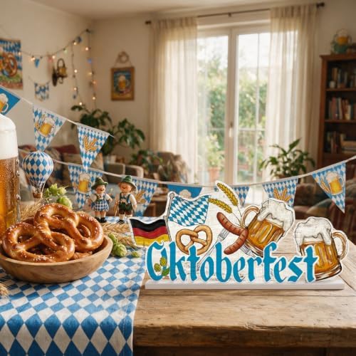 Smile Oktoberfest Wooden Standing Decor, German Flag Pretzel Beer Mug Tiered Tray Tabletop Signs with Stands for Home Bar Party Decor