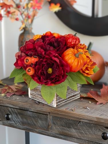DILATATA Fall Decor Autumn Harvest Pumpkins Centerpiece - Artificial Peony Arrangement in Wooden Box for Thanksgiving Party Mantel Fall Decor