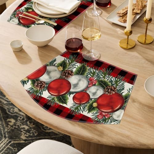 Artoid Mode Christmas Balls Pine Cones Wedge Shape Placemats for Round Table Set of 4, Winter Seasonal Kitchen Dining Table Decoration for Indoor Party Home