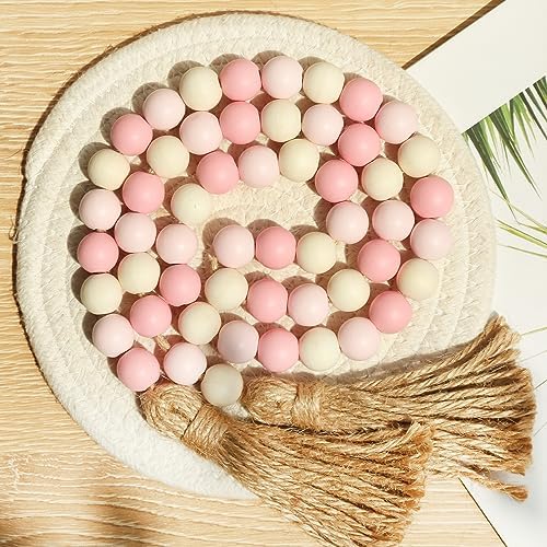 Meplait Wood Bead Garland, 39in Decorative Tassels Garland, Pink&Natural