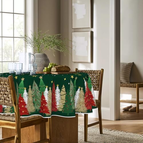 Horaldaily Christmas Tablecloth 60 x 60 Inch Round Christmas Trees Green