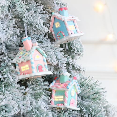 3 Pcs Pastel Gingerbread House Ornaments for Christmas Tree Decorations