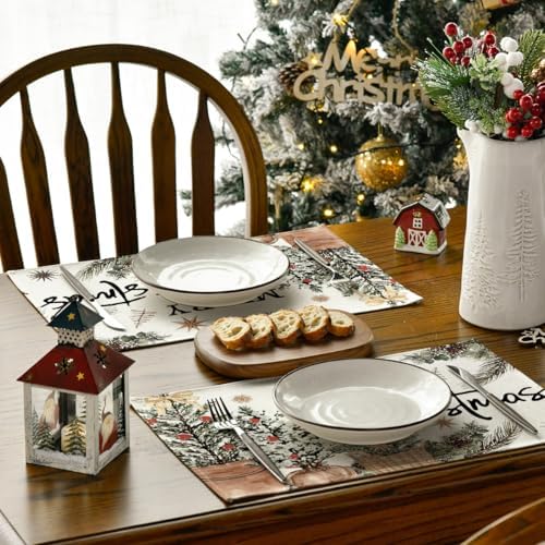Artoid Mode Xmas Trees Holly Pine Cone Merry Christmas Placemats Set of 6, 12x18 Inch Seasonal Winter Holiday Table Mats for Party Kitchen Dining Decoration