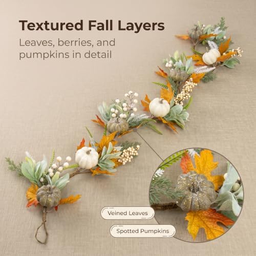 JINGHONG 6FT Fall Garland for Mantle with Pumpkins Berries Lamb Ears Leaves Thanksgiving Vine Pumpkin Garlands for Autumn Harvest Table Centerpieces Fall Decorations for Home Porch Fireplace Decor