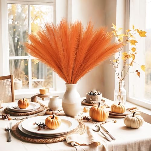 obbsie 150PCS Orange Faux Pampas Grass Decor, 21.6" Fluffy Vase Filler